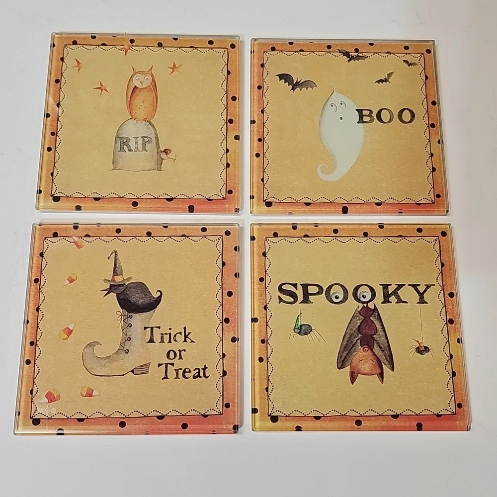 Vintage Pier 1 imports Halloween Glass Coaster Set